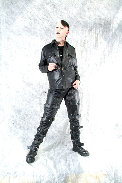 Echt Leder Hemd weiches Rindsleder langarm Schulterklappen Druckknopfleiste Brusttaschen