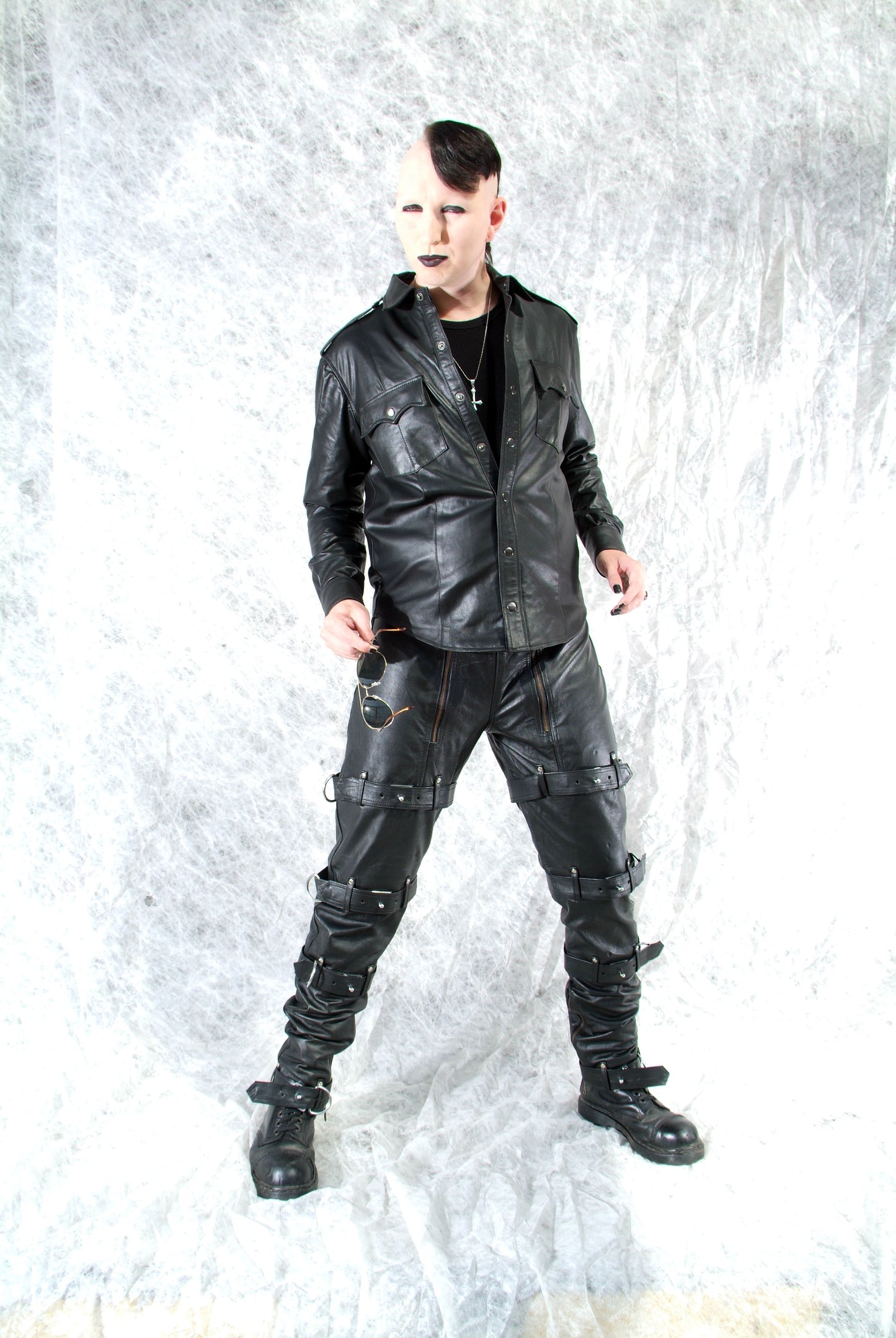 Echt Leder Hemd weiches Rindsleder langarm Schulterklappen Druckknopfleiste Brusttaschen