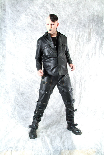 Echt Leder Hemd weiches Rindsleder langarm Schulterklappen Druckknopfleiste Brusttaschen