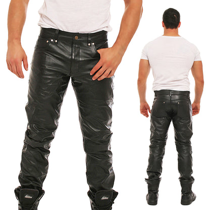 Echt Leder Herren Hose weiches Rindsleder Nappaleder 5 Pocket Style Knopfleiste