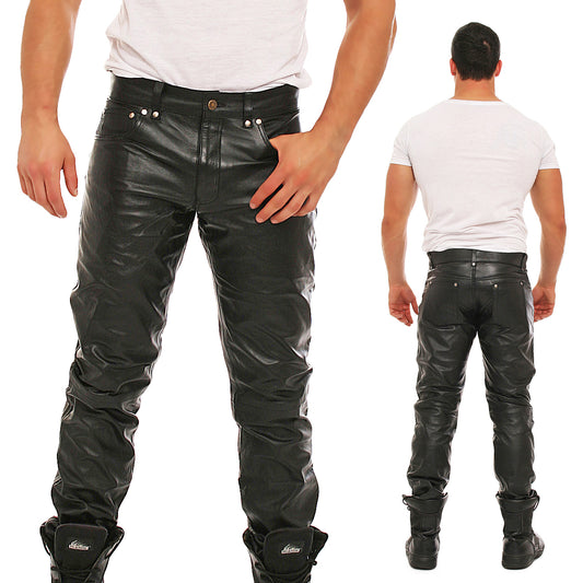Echt Leder Herren Hose weiches Rindsleder Nappaleder 5 Pocket Style Knopfleiste