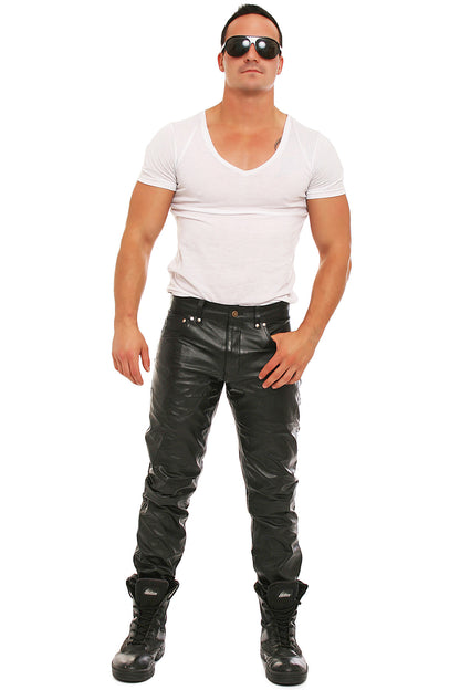Echt Leder Herren Hose weiches Rindsleder Nappaleder 5 Pocket Style Knopfleiste