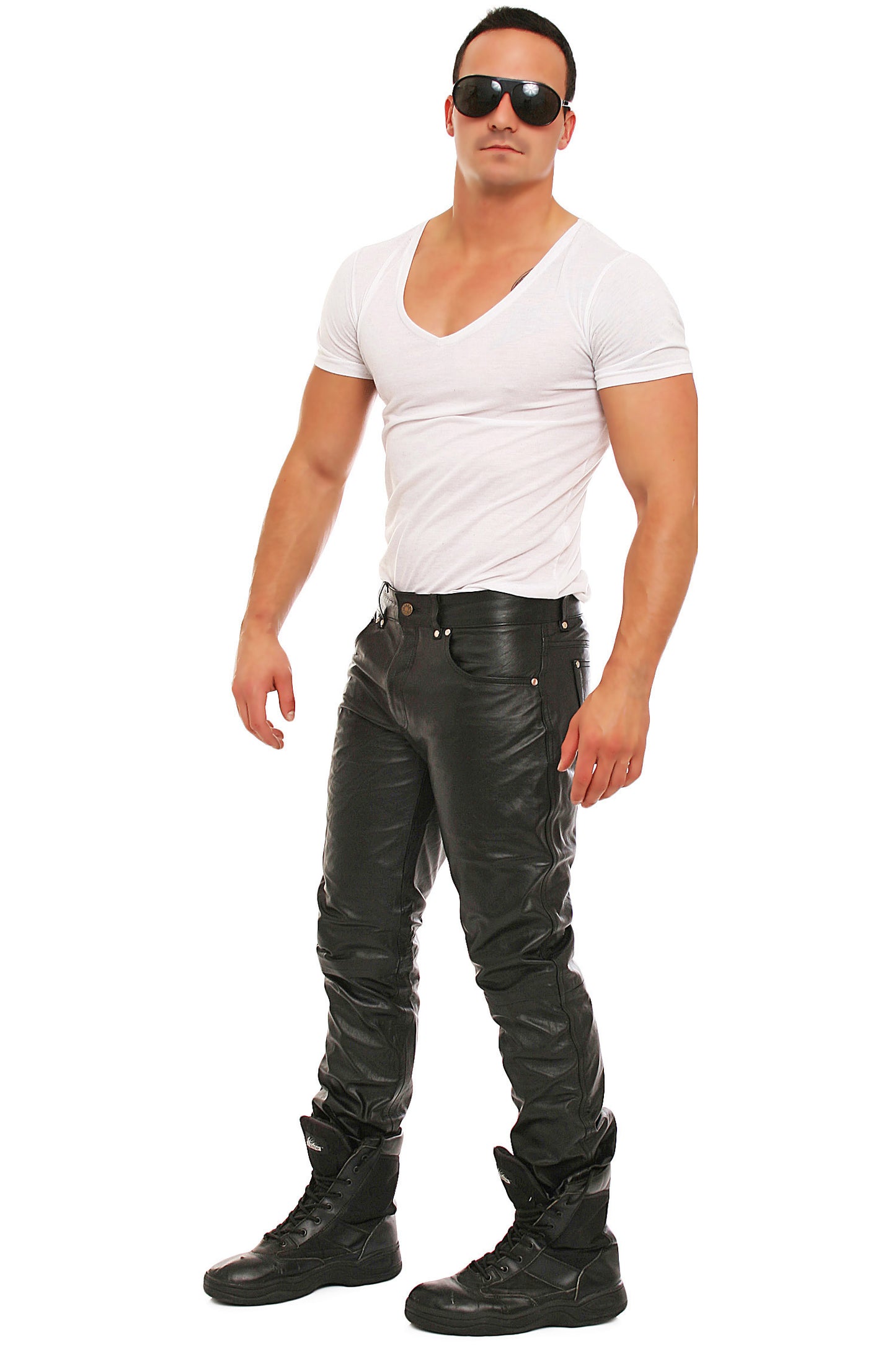 Echt Leder Herren Hose weiches Rindsleder Nappaleder 5 Pocket Style Knopfleiste