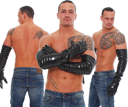 Lange Lack Handschuhe in Vinyl Qualität Oberarmbereich gesteppt leicht glänzend