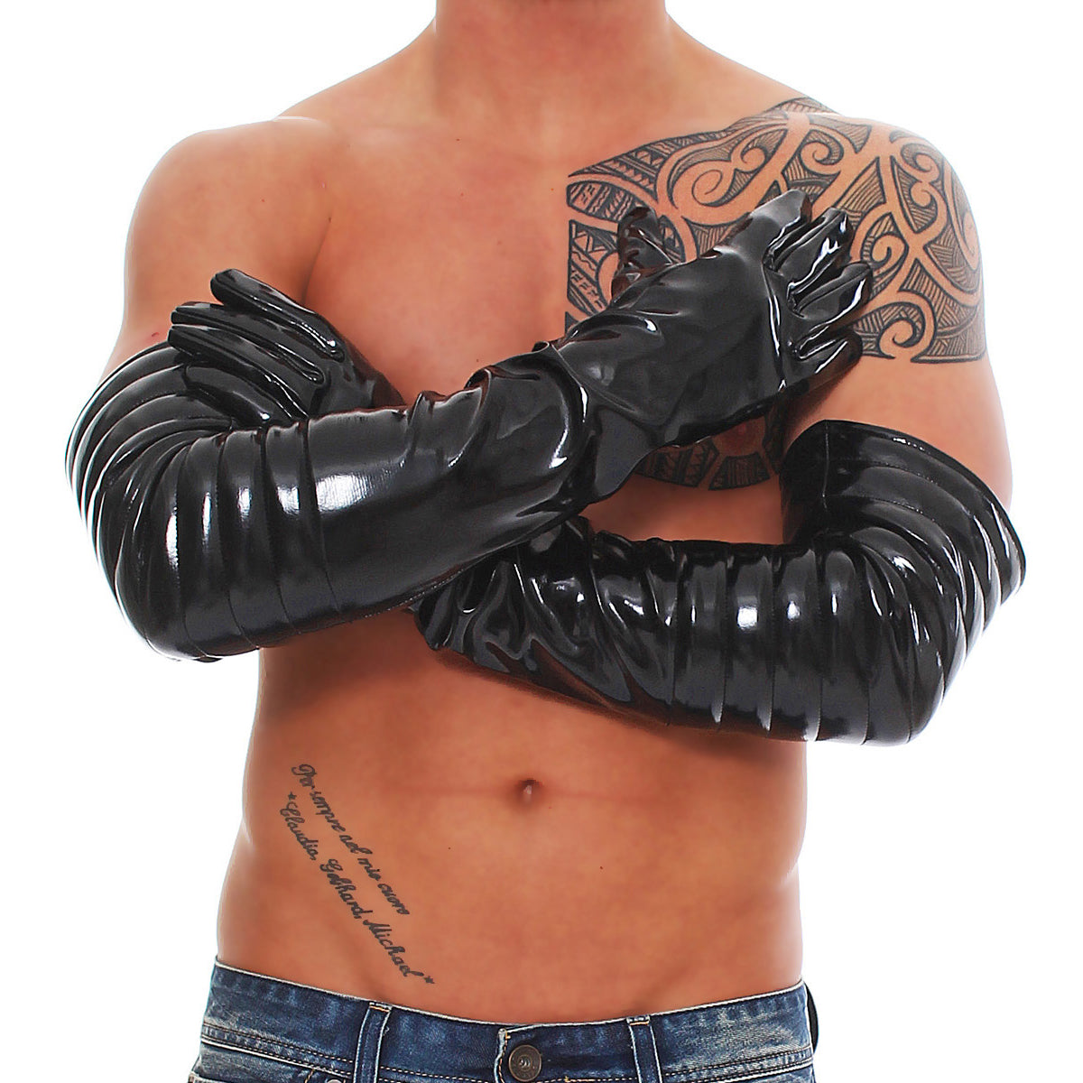 Lange Lack Handschuhe in Vinyl Qualität Oberarmbereich gesteppt leicht glänzend