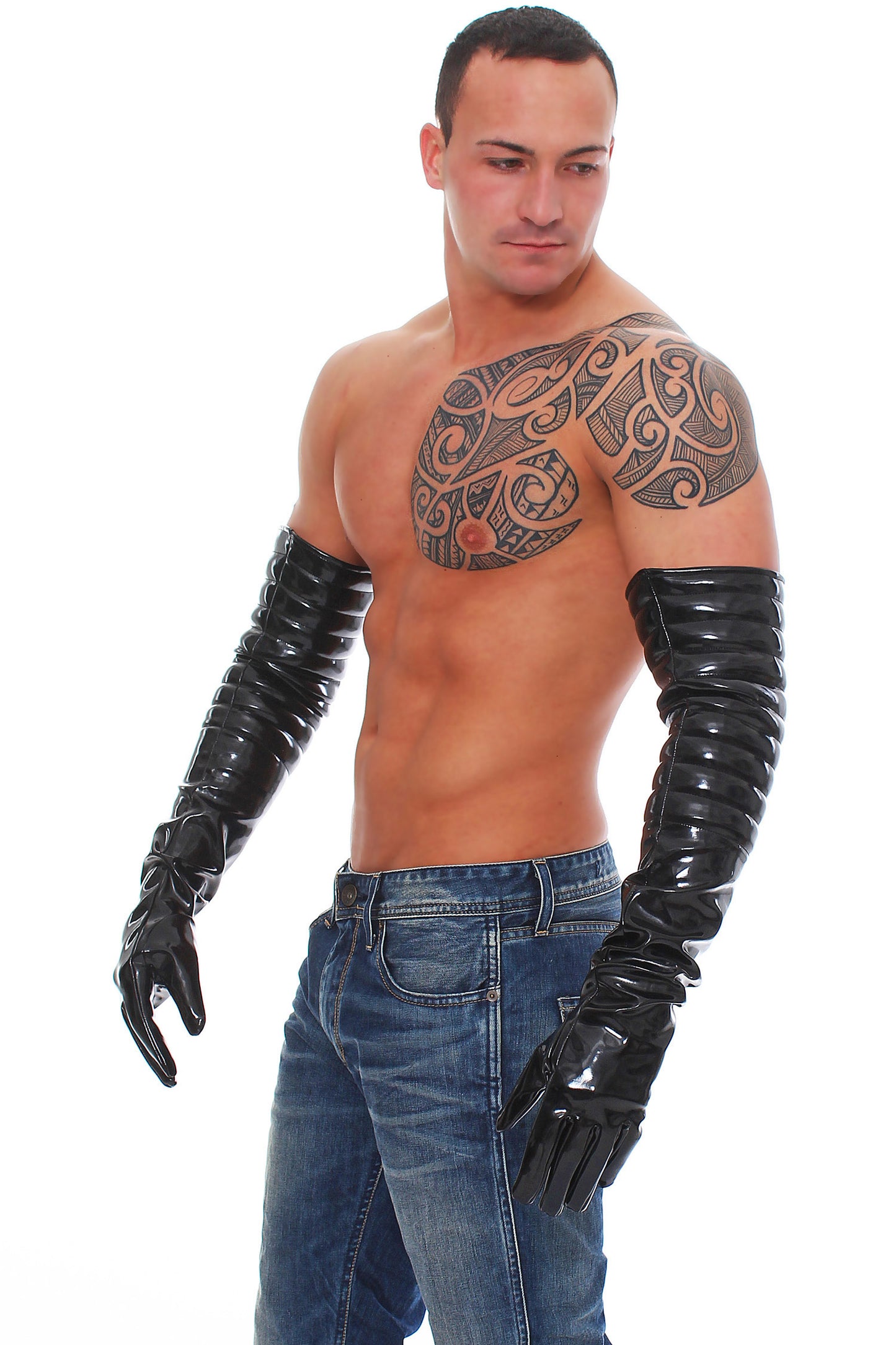 Lange Lack Handschuhe in Vinyl Qualität Oberarmbereich gesteppt leicht glänzend