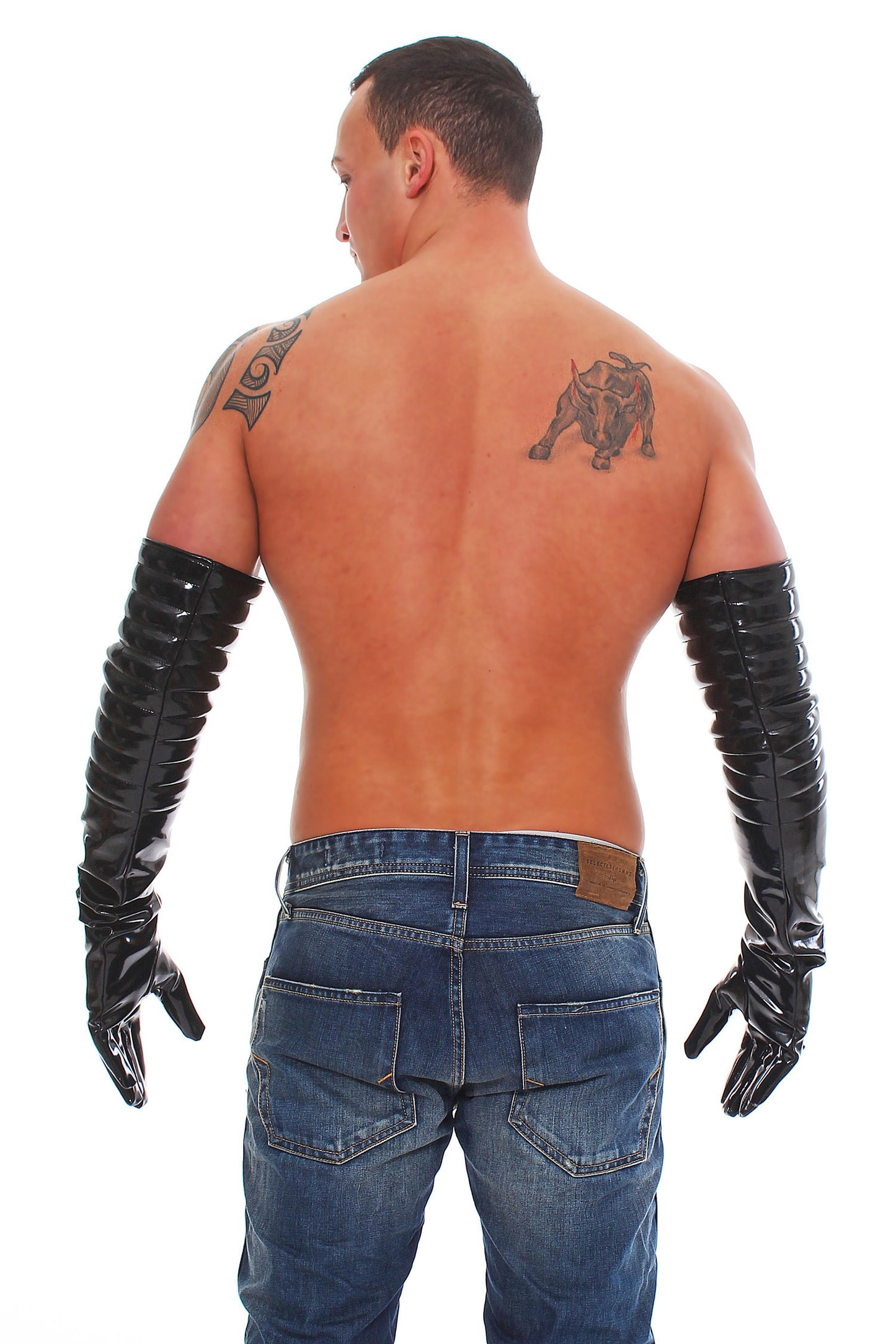 Lange Lack Handschuhe in Vinyl Qualität Oberarmbereich gesteppt leicht glänzend