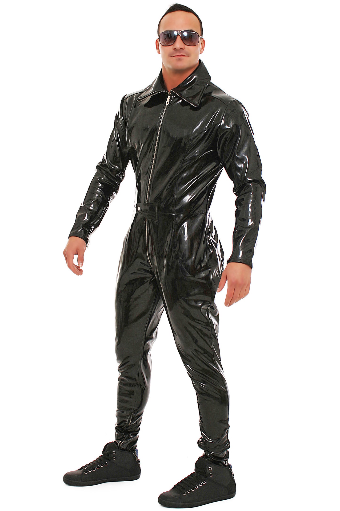 Lackoverall Vinyl Anzug schwarz mit Reißverschluss an Schritt, Arm und Bein