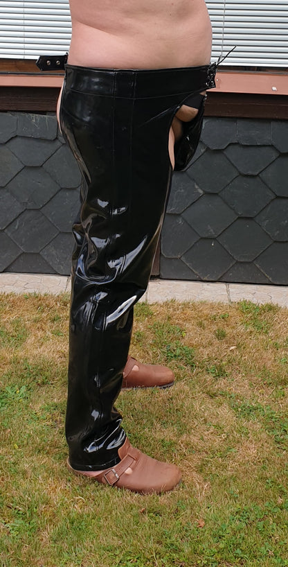 Lack Chaps in Vinyl Qualität YKK Zipper Gürtelschnalle Ösen verstärkt Schnürung