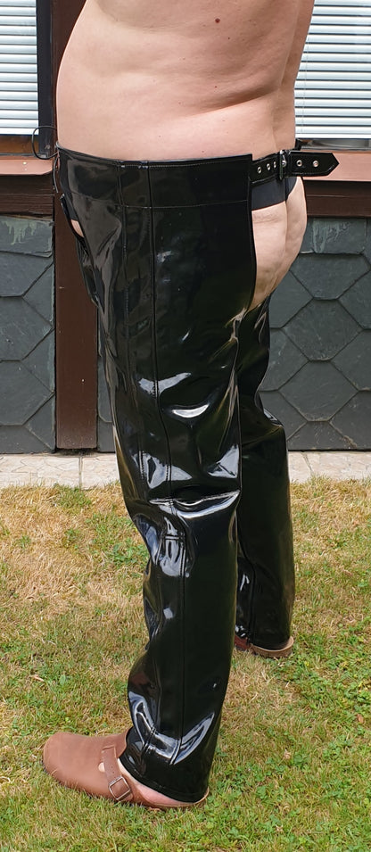 Lack Chaps in Vinyl Qualität YKK Zipper Gürtelschnalle Ösen verstärkt Schnürung